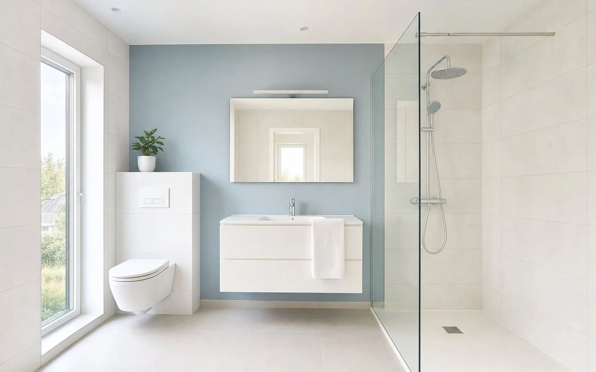 Frisse witte badkamer met zachtblauw geschilderde wand, hangend toilet, wastafelmeubel en glazen inloopdouche in helder daglicht